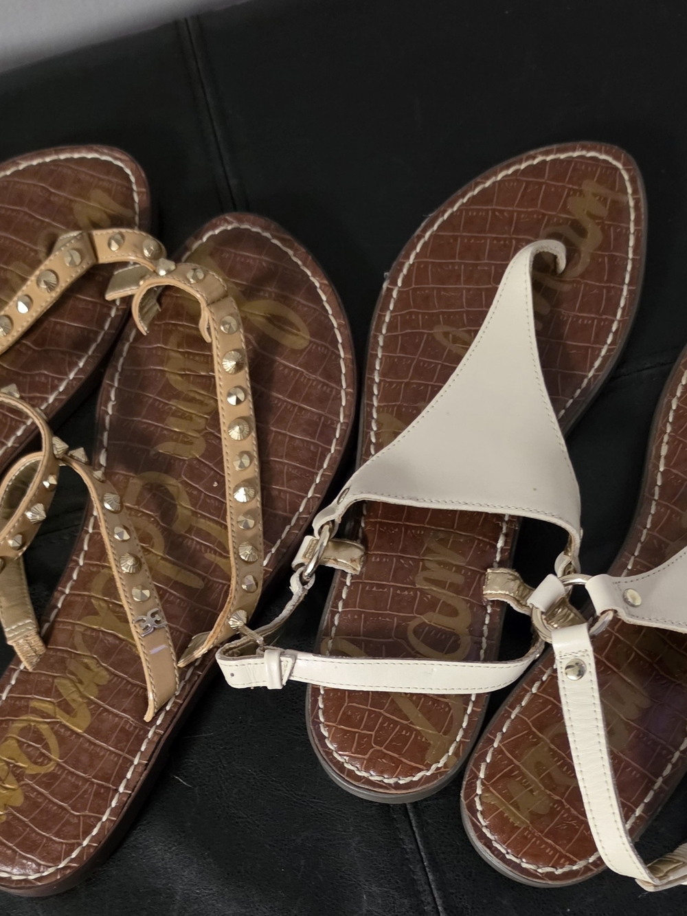 Sam Edelman White and Tan Studded T-Strap Sandals